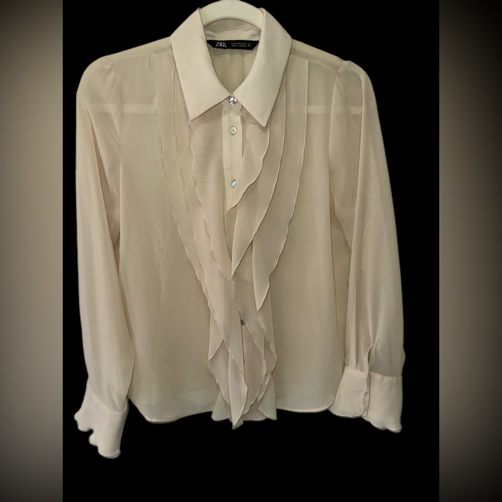 Zara Cream Ruffle Front Blouse